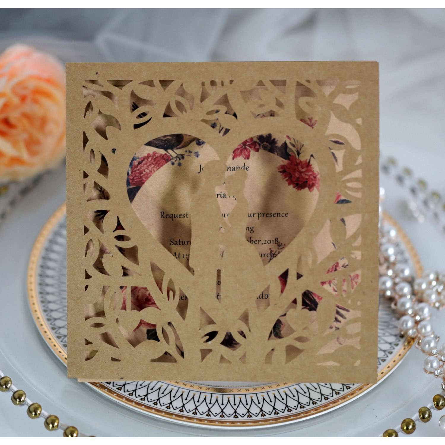 Laser Cut Wedding Invitation Card Off-white Color